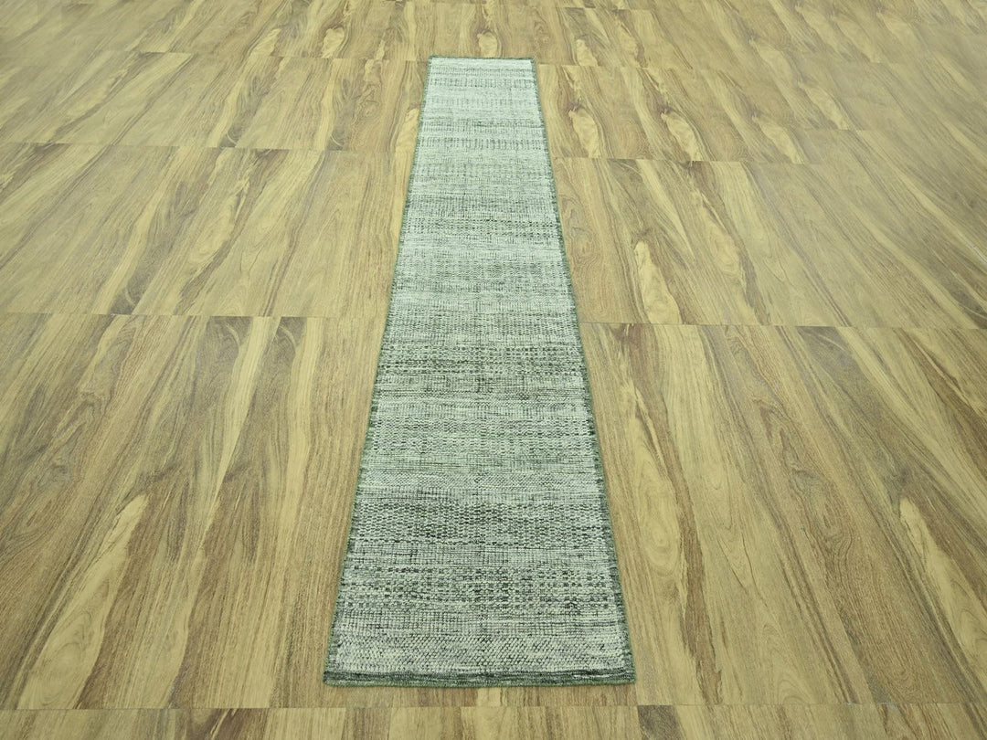 2'7" x 12'0" New Hand Knotted Green Wool Runner Oriental Rug - MOA10277081