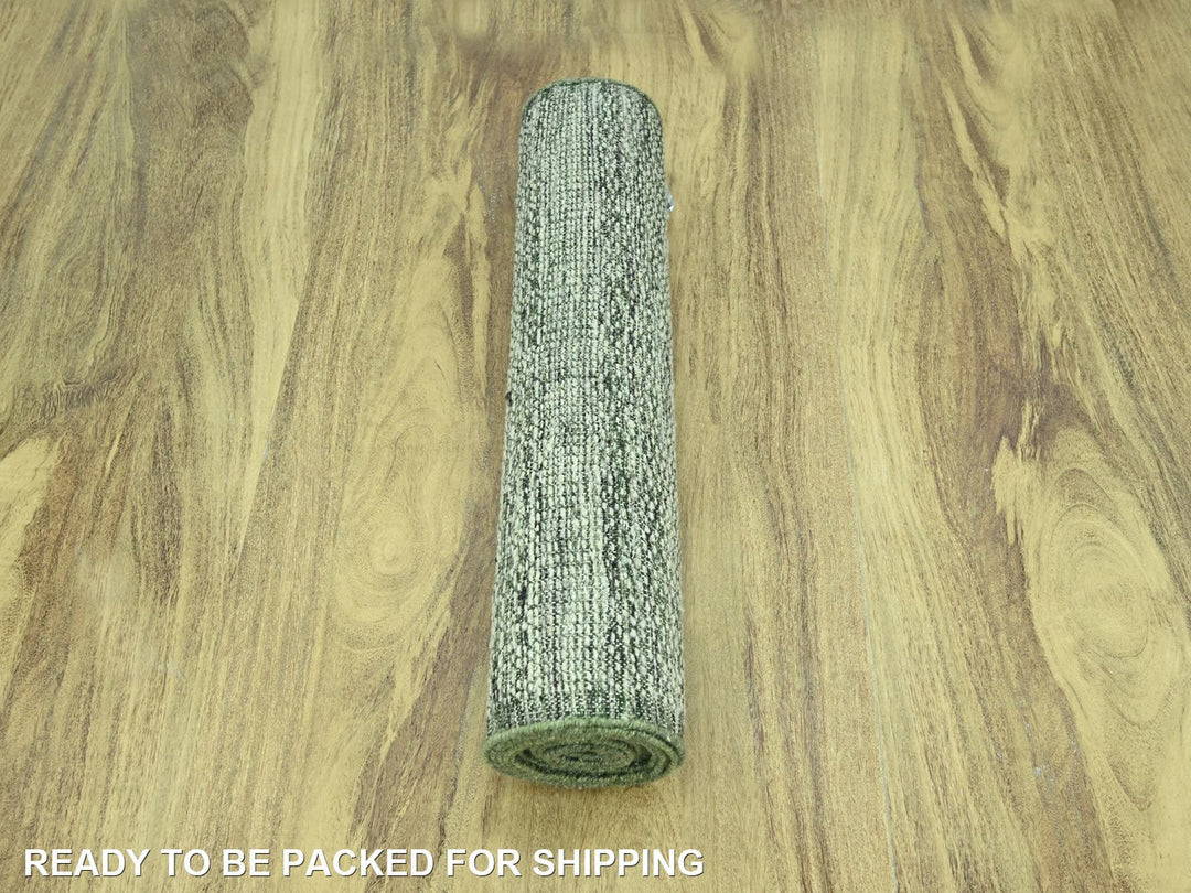 2'7" x 12'0" New Hand Knotted Green Wool Runner Oriental Rug - MOA10277081