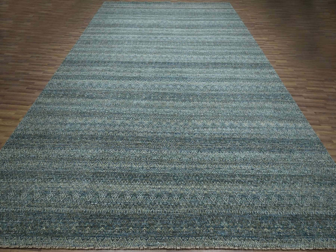 11'11" x 15'1" New Hand Knotted Blue Wool Rectangle Oriental Rug - MOA10277086