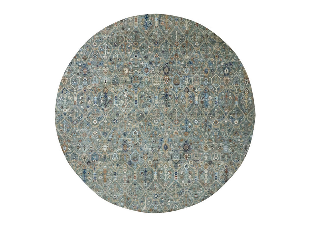 11'10" x 11'11" New Hand Knotted Green Wool Round Oriental Rug - MOA10277087