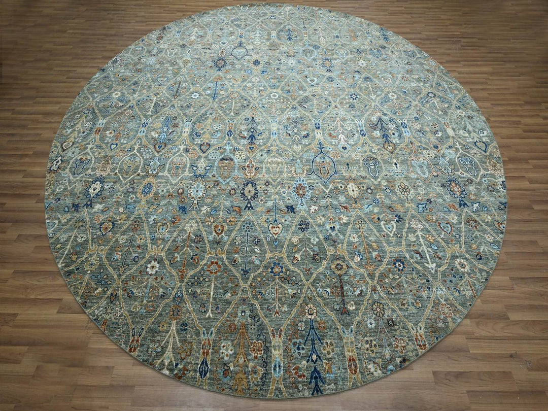 11'10" x 11'11" New Hand Knotted Green Wool Round Oriental Rug - MOA10277087