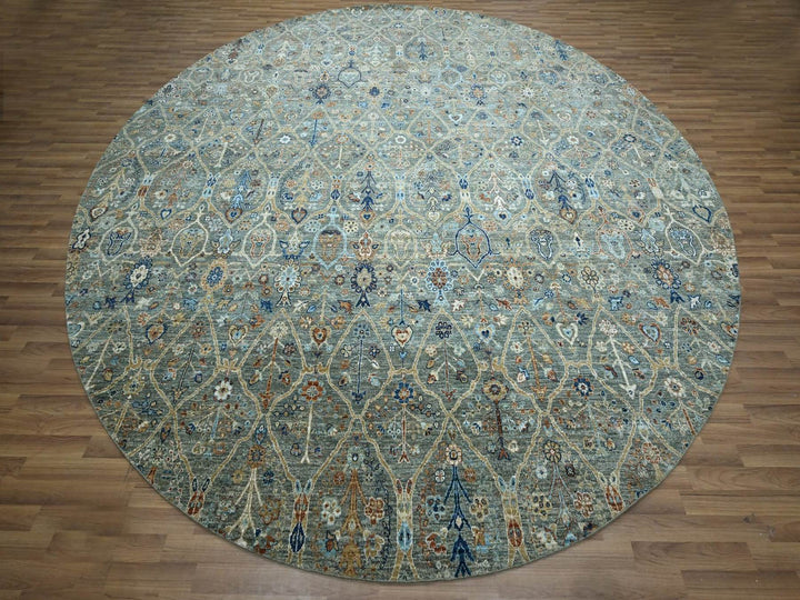 11'10" x 11'11" New Hand Knotted Green Wool Round Oriental Rug - MOA10277087