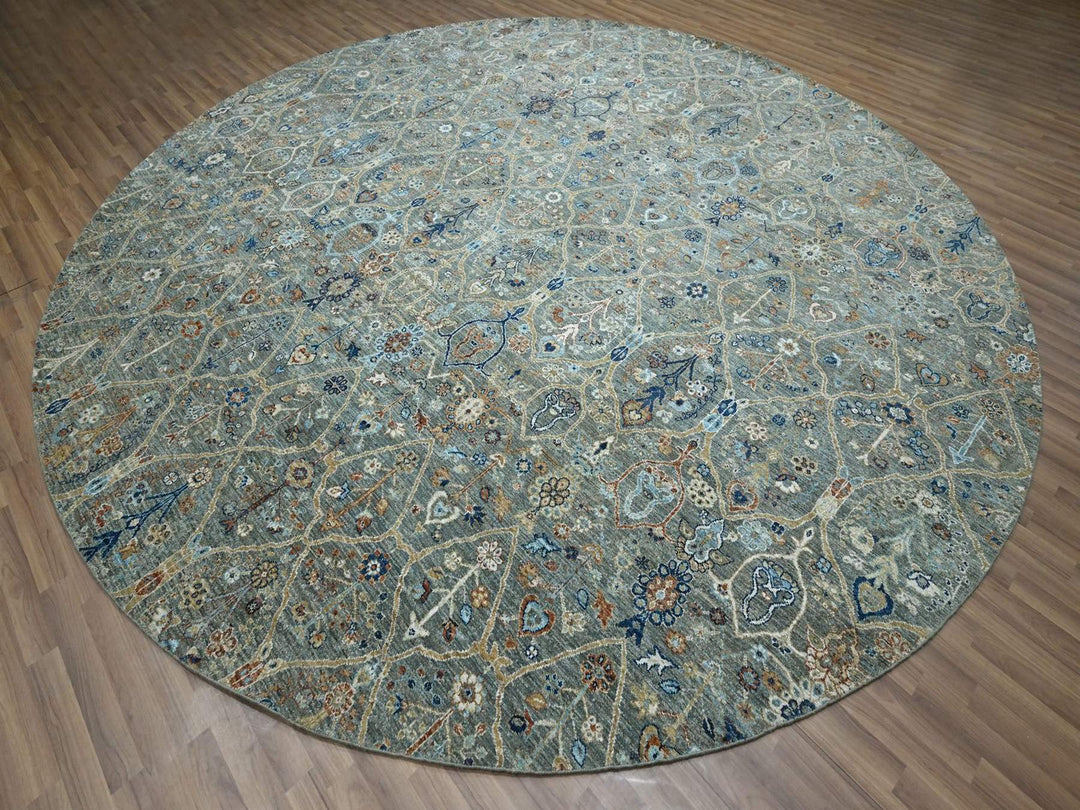11'10" x 11'11" New Hand Knotted Green Wool Round Oriental Rug - MOA10277087