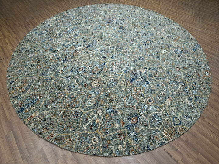 11'10" x 11'11" New Hand Knotted Green Wool Round Oriental Rug - MOA10277087
