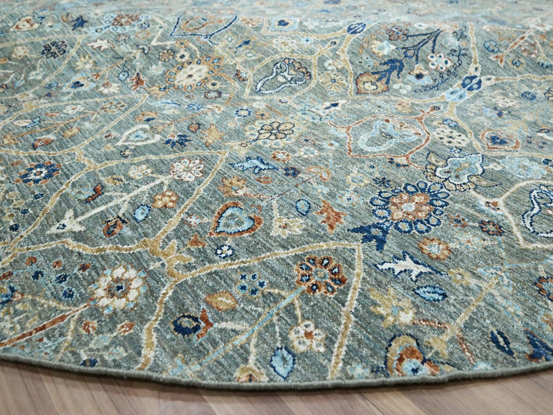 11'10" x 11'11" New Hand Knotted Green Wool Round Oriental Rug - MOA10277087