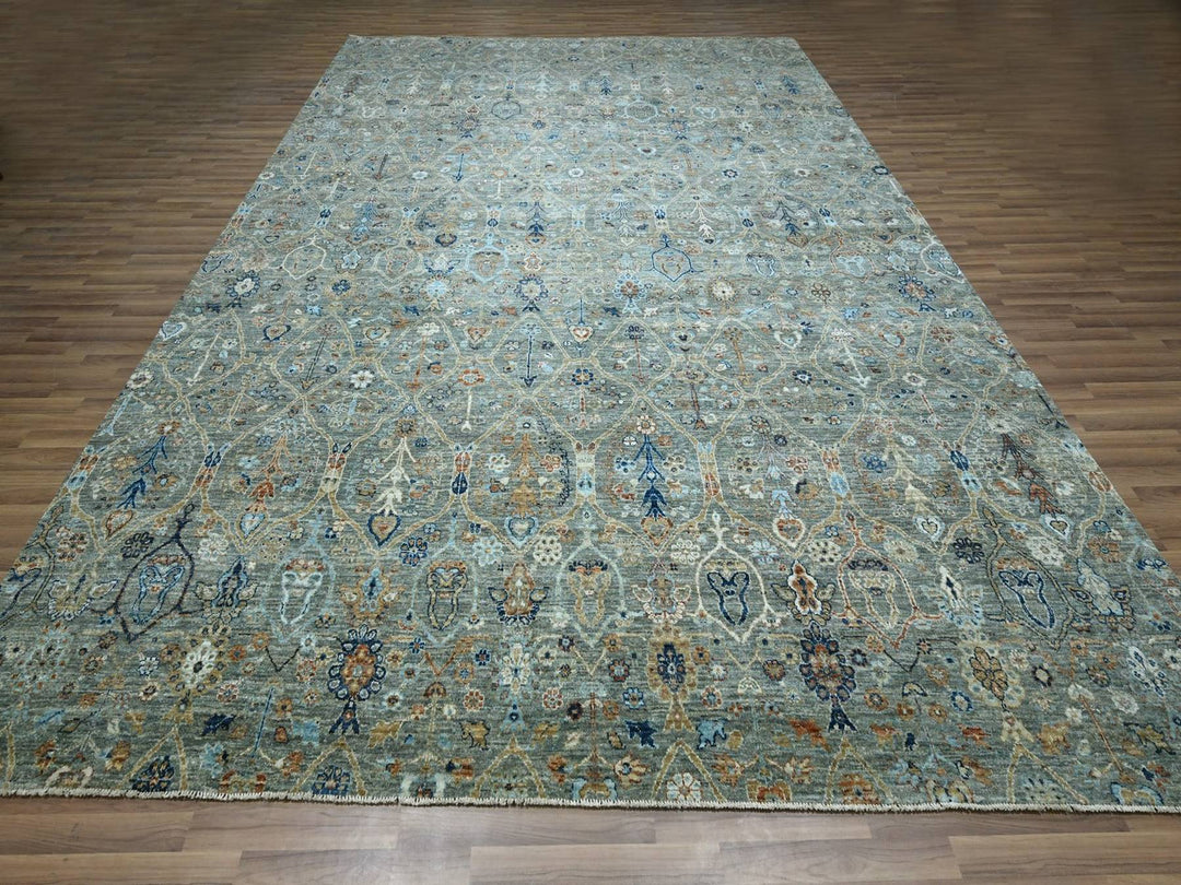 10'1" x 14'0" New Hand Knotted Green Wool Rectangle Oriental Rug - MOA10277089