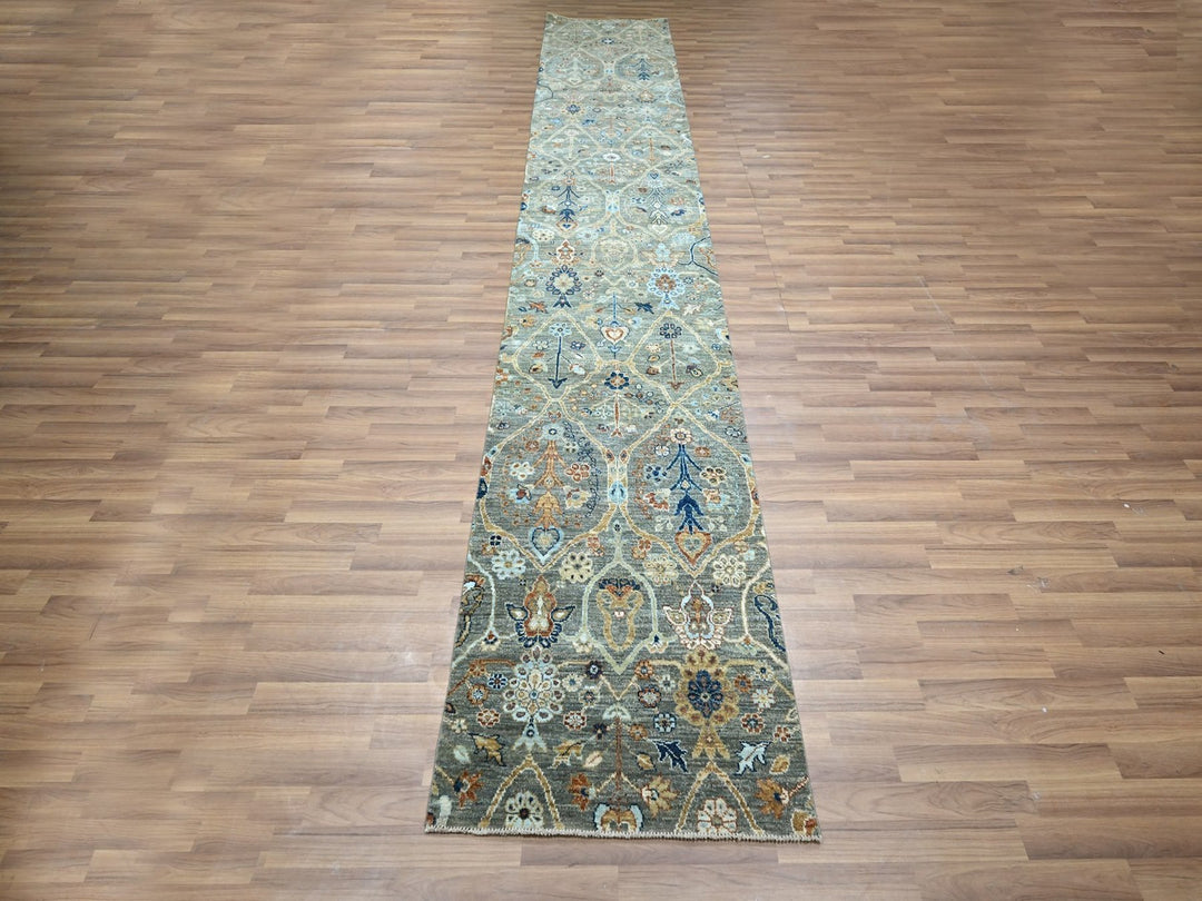 2'6" x 14'0" New Hand Knotted Green Wool Runner Oriental Rug - MOA10277090