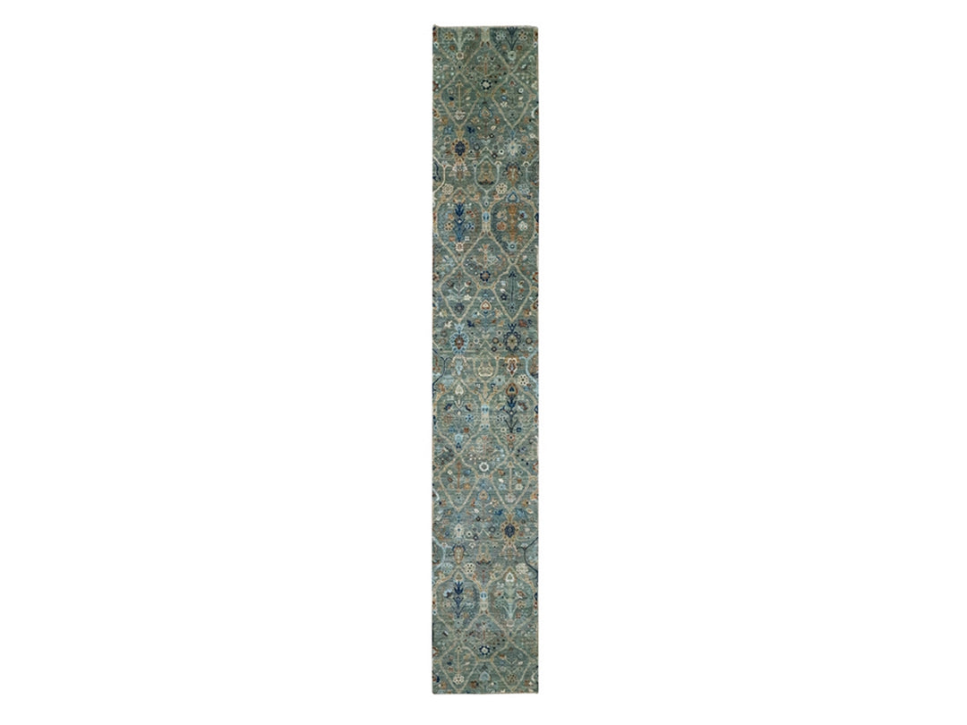 2'6" x 16'1" New Hand Knotted Green Wool Runner Oriental Rug - MOA10277091