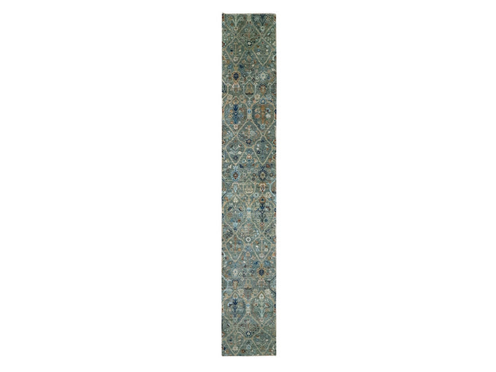 2'6" x 16'1" New Hand Knotted Green Wool Runner Oriental Rug - MOA10277091