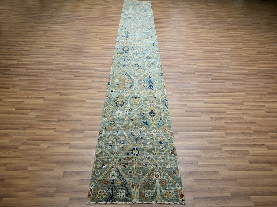 2'6" x 16'1" New Hand Knotted Green Wool Runner Oriental Rug - MOA10277091
