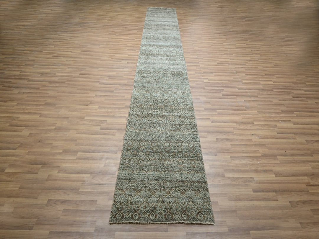 2'6" x 15'11" New Hand Knotted Green Wool Runner Oriental Rug - MOA10277093