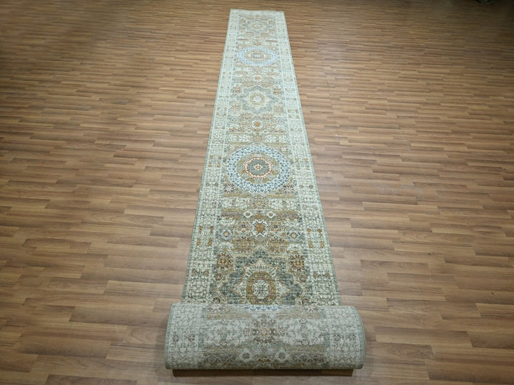 2'8" x 25'10" New Hand Knotted Green Wool Runner Oriental Rug - MOA10277095