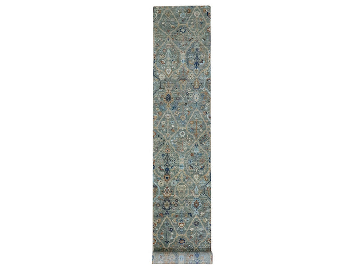2'6" x 25'10" New Hand Knotted Green Wool Runner Oriental Rug - MOA10277096