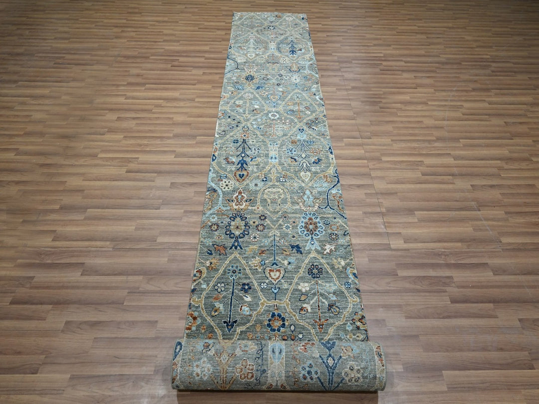 2'6" x 25'10" New Hand Knotted Green Wool Runner Oriental Rug - MOA10277096