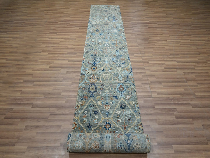 2'6" x 25'10" New Hand Knotted Green Wool Runner Oriental Rug - MOA10277096