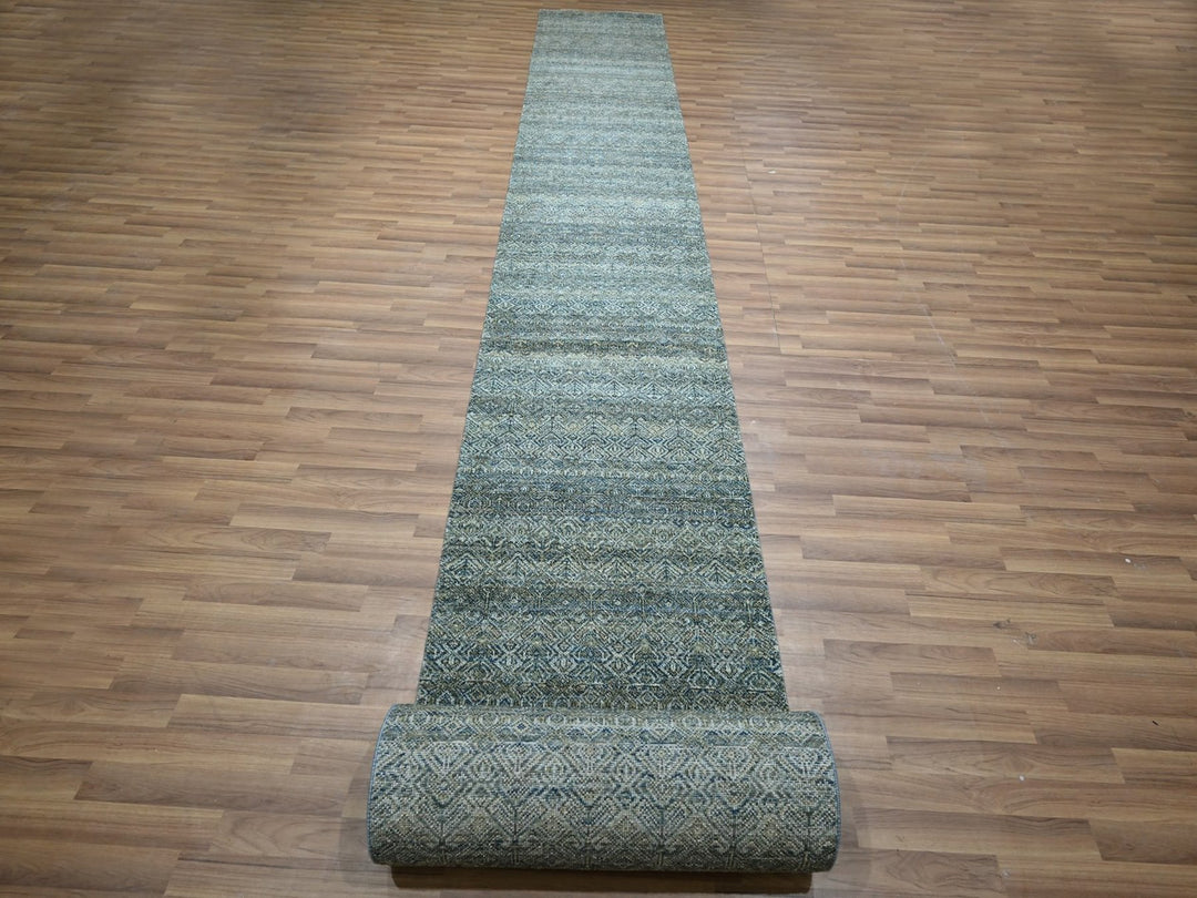 2'6" x 25'11" New Hand Knotted Blue Wool Runner Oriental Rug - MOA10277097