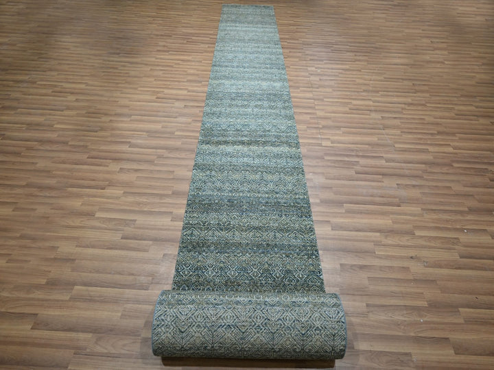 2'6" x 25'11" New Hand Knotted Blue Wool Runner Oriental Rug - MOA10277097