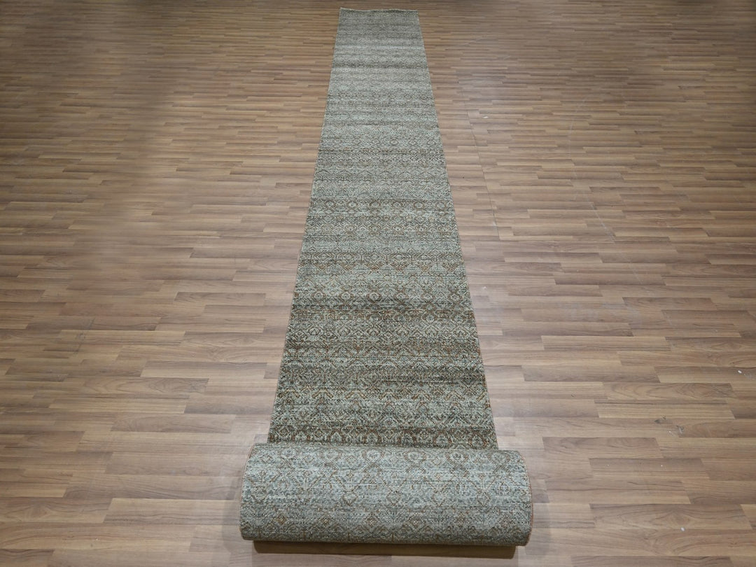 2'6" x 25'11" New Hand Knotted Green Wool Runner Oriental Rug - MOA10277098