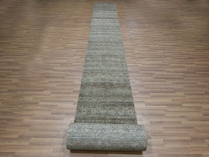 2'6" x 25'11" New Hand Knotted Green Wool Runner Oriental Rug - MOA10277098