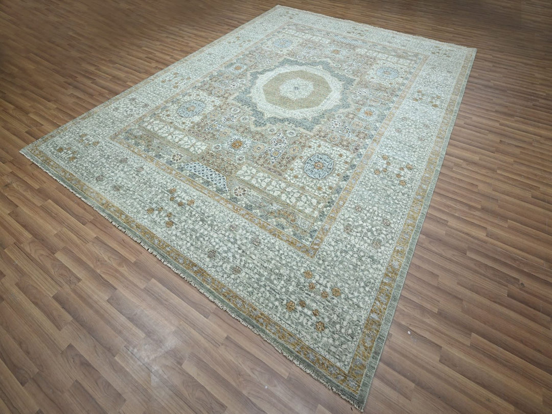 8'11" x 12'1" New Hand Knotted Green Wool Rectangle Oriental Rug - MOA10277099