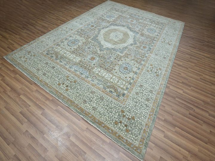 9'1" x 12'0" New Hand Knotted Green Wool Rectangle Oriental Rug - MOA10277100