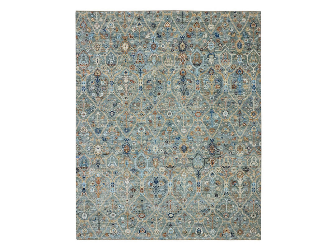 8'1" x 10'1" New Hand Knotted Green Wool Rectangle Oriental Rug - MOA10277106