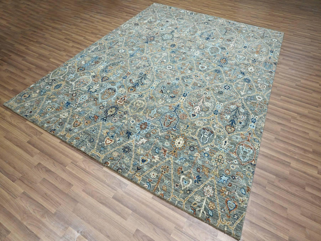 8'1" x 10'1" New Hand Knotted Green Wool Rectangle Oriental Rug - MOA10277106