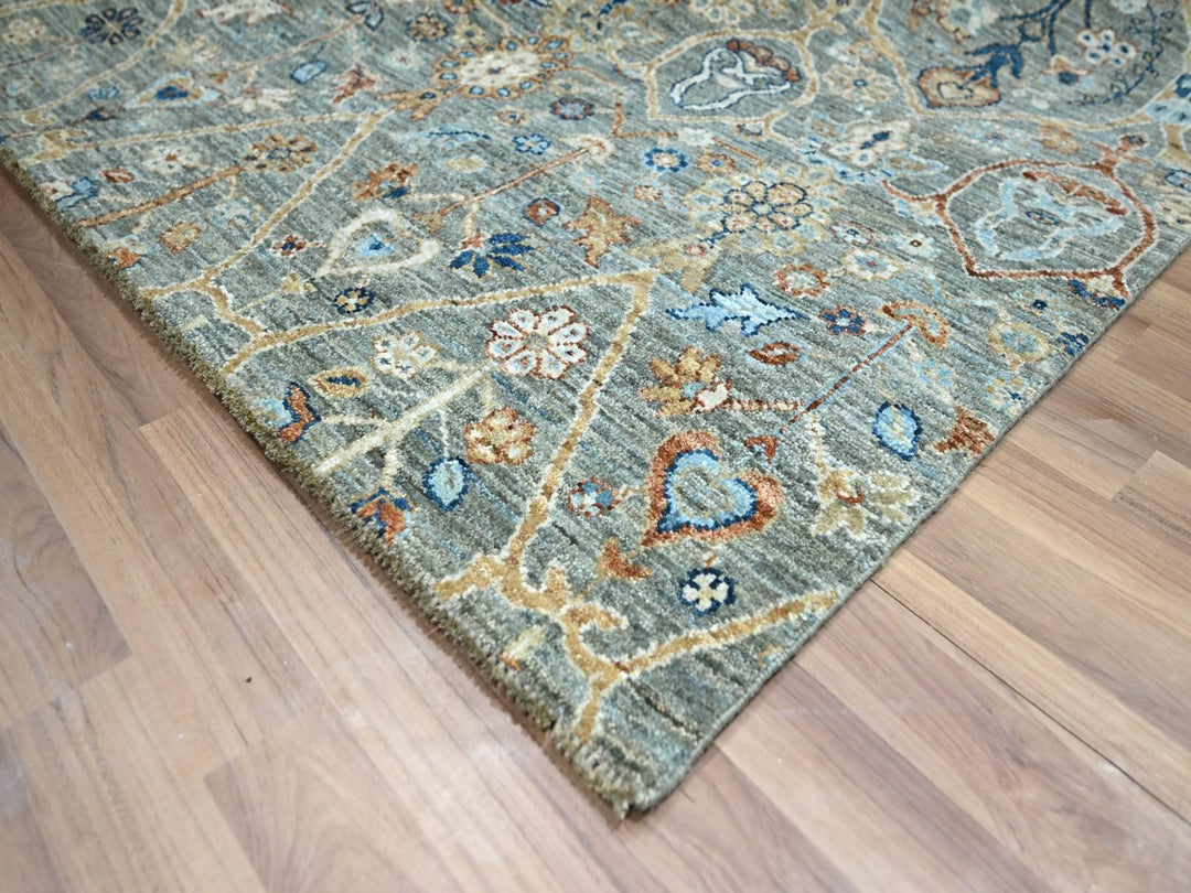 8'1" x 10'1" New Hand Knotted Green Wool Rectangle Oriental Rug - MOA10277106