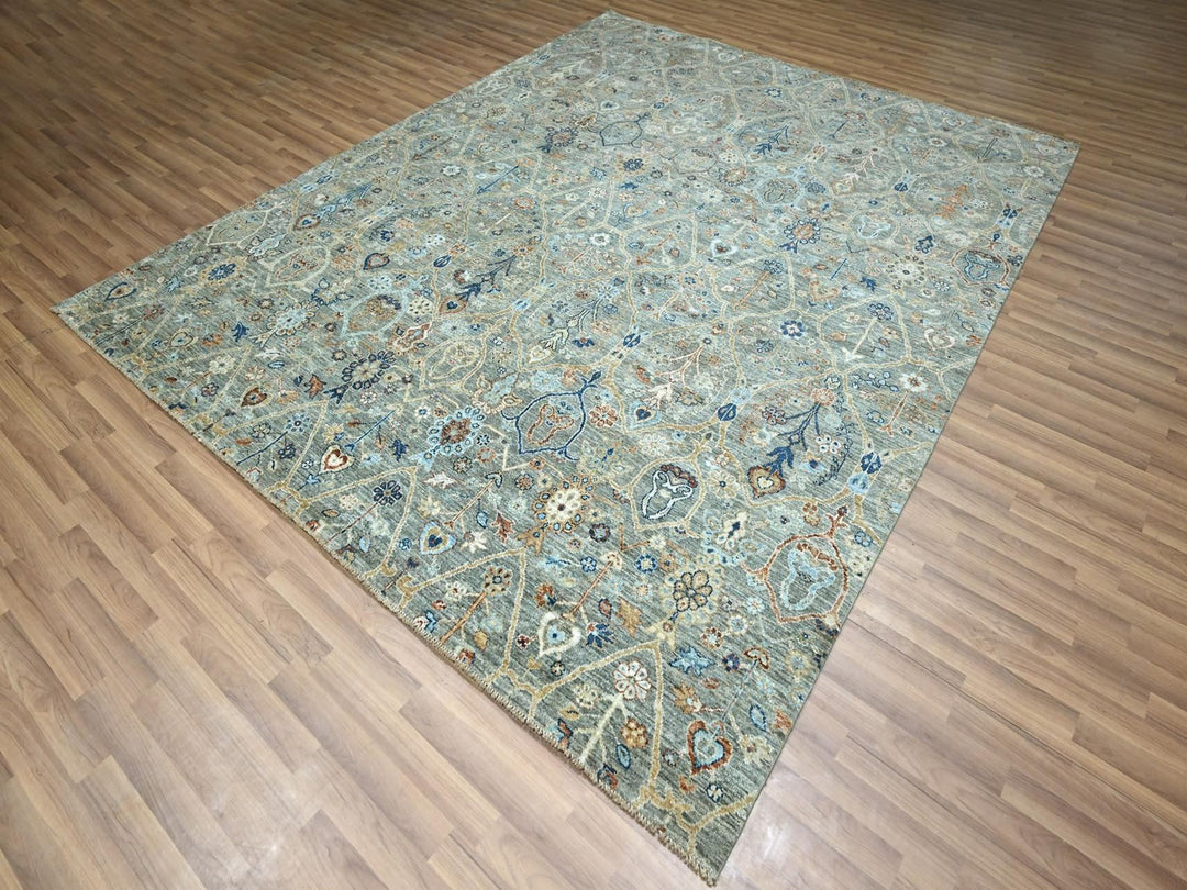 8'1" x 10'0" New Hand Knotted Green Wool Rectangle Oriental Rug - MOA10277107