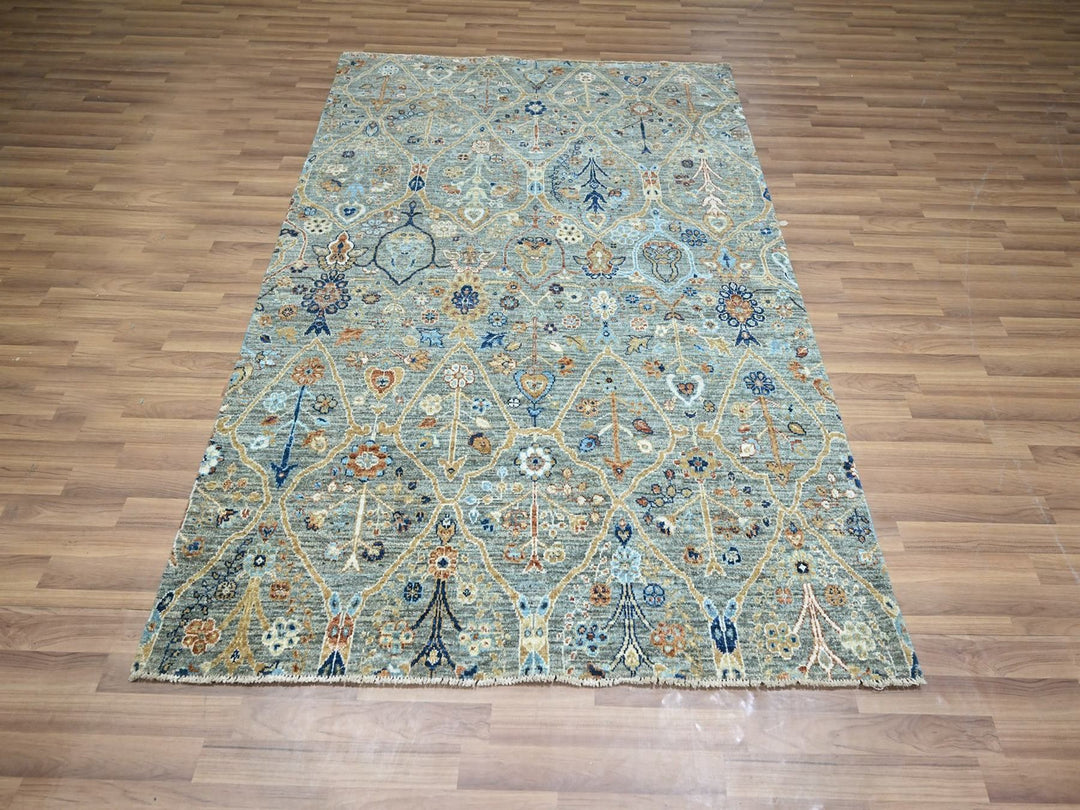 5'1" x 7'0" New Hand Knotted Green Wool Rectangle Oriental Rug - MOA10277113