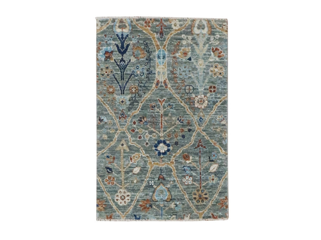 2'0" x 3'0" New Hand Knotted Green Wool Rectangle Oriental Rug - MOA10277119