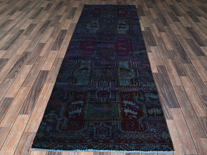 2'11" x 9'9" Vintage Hand Knotted Overdyed Wool Runner Oriental Rug - MOA102778