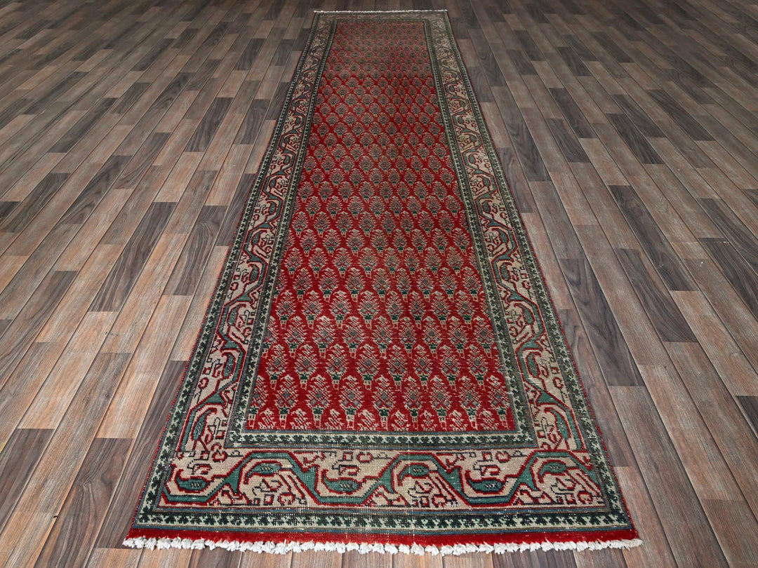 3'2" x 12'4" Vintage Hand Knotted Red Wool Runner Oriental Rug - MOA102779