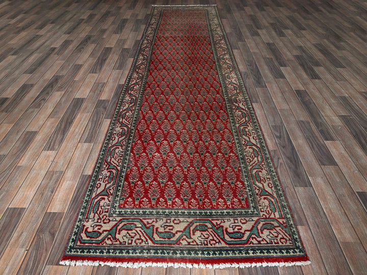 3'2" x 12'4" Vintage Hand Knotted Red Wool Runner Oriental Rug - MOA102779