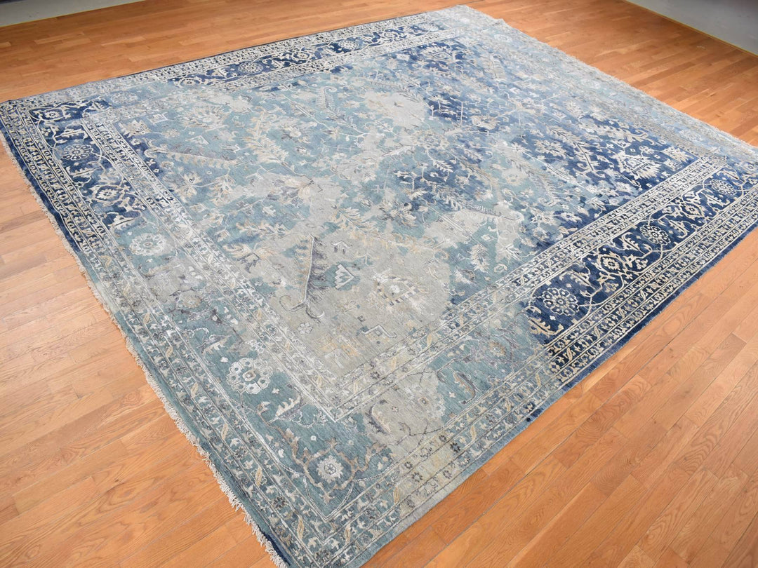 11'8" x 14'8" New Hand Knotted Blue Wool Rectangle Oriental Rug - MOA10278006