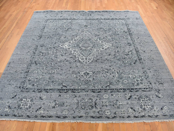 10'0" x 10'0" New Hand Knotted Grey Wool & Silk Square Oriental Rug - MOA10278015