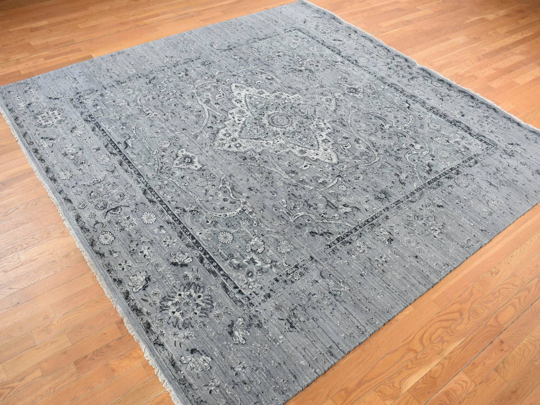 10'0" x 10'0" New Hand Knotted Grey Wool & Silk Square Oriental Rug - MOA10278015
