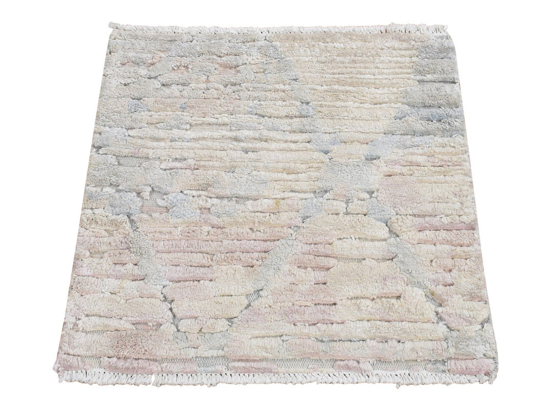 2'0" x 2'0" New Hand Knotted Ivory Wool & Pure Silk Square Oriental Rug - MOA10278018