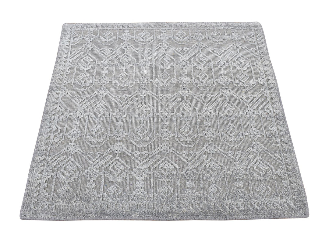 2'0" x 2'1" New Hand Knotted Grey Wool & Silk Square Oriental Rug - MOA10278021