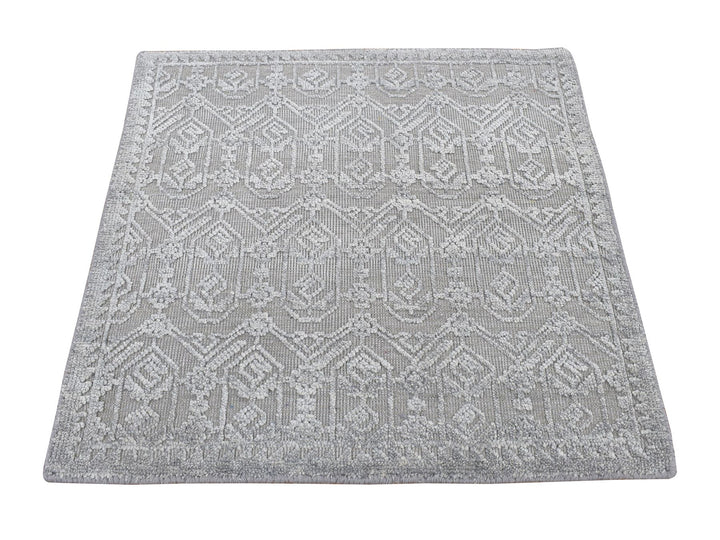 2'0" x 2'1" New Hand Knotted Grey Wool & Silk Square Oriental Rug - MOA10278021