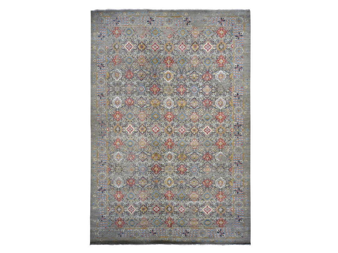 12'0" x 18'0" New Hand Knotted Grey Wool & Silk Rectangle Oriental Rug - MOA10278033