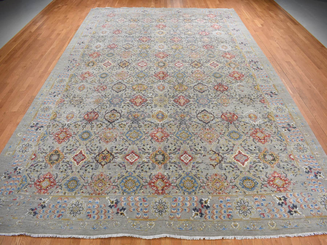 12'0" x 18'0" New Hand Knotted Grey Wool & Silk Rectangle Oriental Rug - MOA10278033