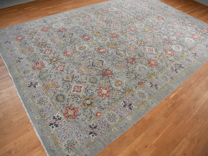 12'0" x 18'0" New Hand Knotted Grey Wool & Silk Rectangle Oriental Rug - MOA10278033