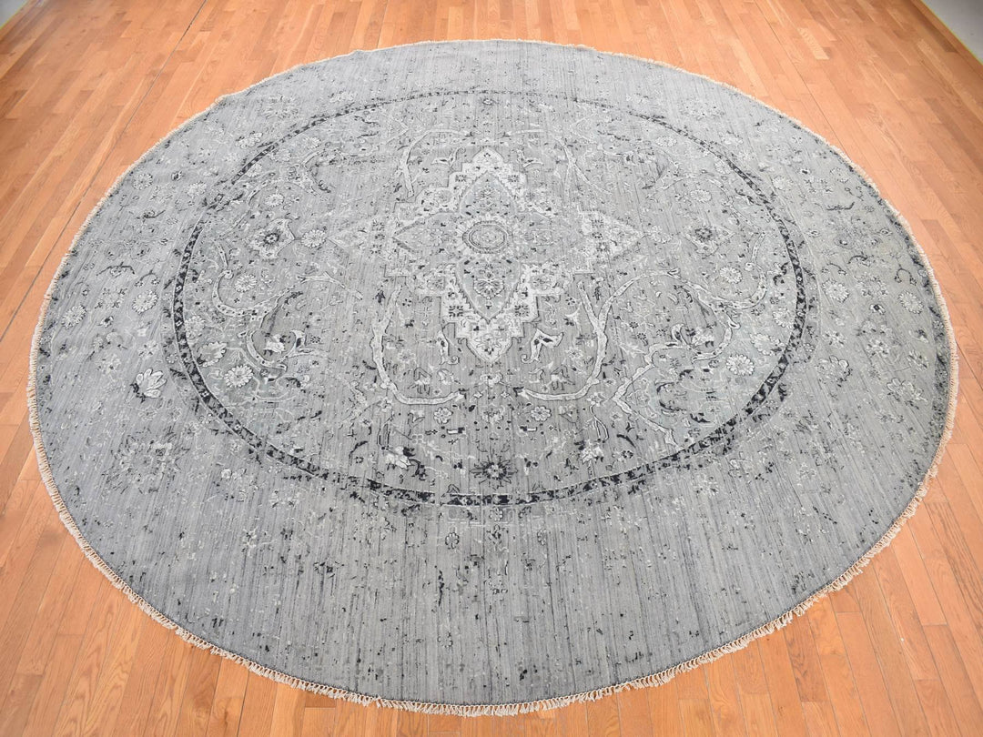 12'0" x 12'0" New Hand Knotted Grey Wool Round Oriental Rug - MOA10278036