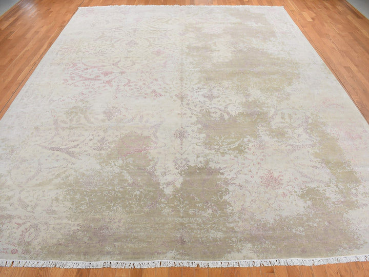 12'0" x 15'4" New Hand Knotted Grey Wool & Silk Rectangle Oriental Rug - MOA10278037