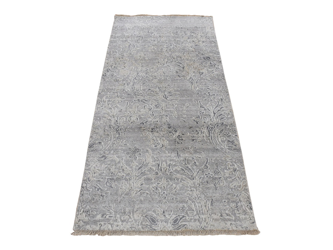 2'7" x 5'10" New Hand Knotted Grey Wool & Silk Runner Oriental Rug - MOA10278042