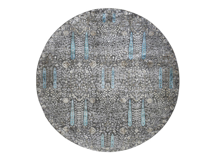 11'9" x 11'9" New Hand Knotted Black Wool & Silk Round Oriental Rug - MOA10278043