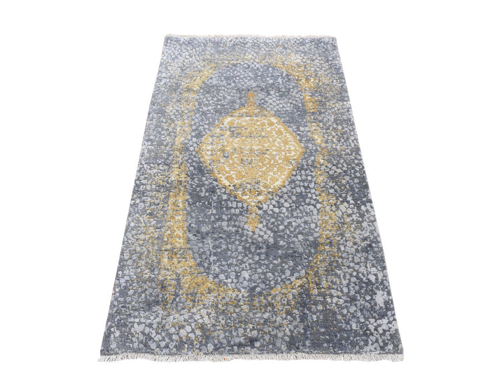 2'10" x 6'0" New Hand Knotted Grey Wool & Pure Silk Runner Oriental Rug - MOA10278047