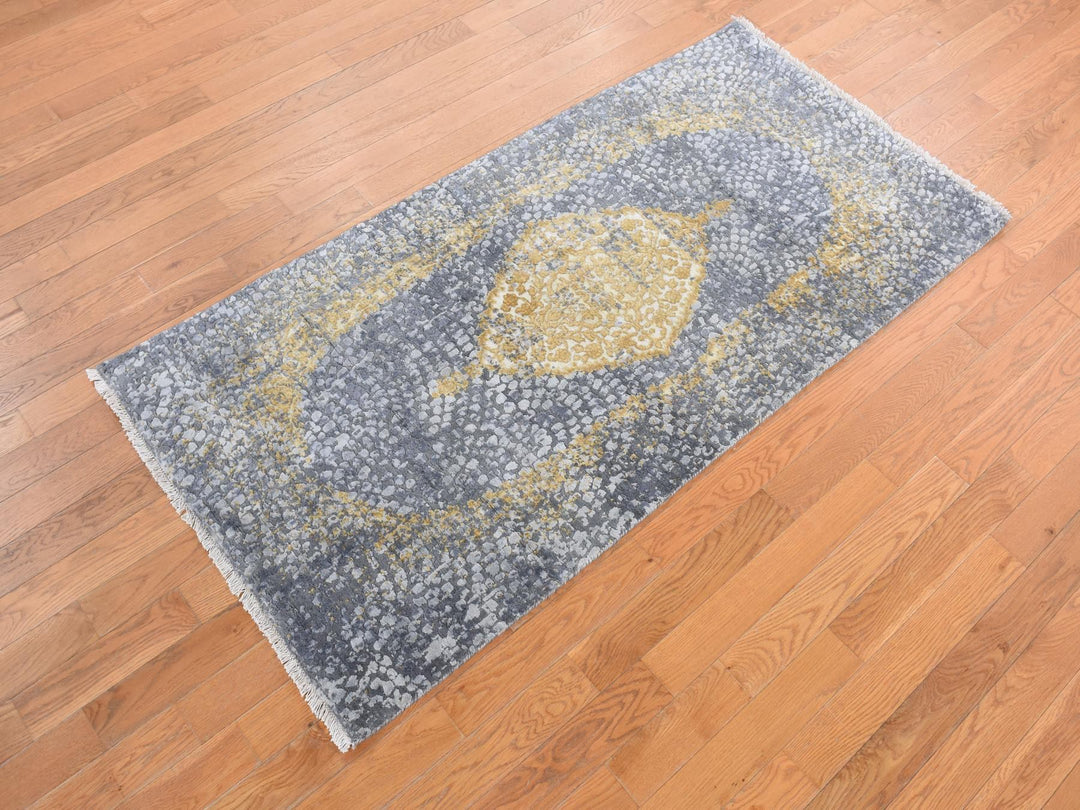 2'10" x 6'0" New Hand Knotted Grey Wool & Pure Silk Runner Oriental Rug - MOA10278047
