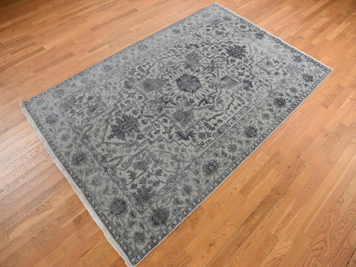 6'0" x 9'2" New Hand Knotted Grey Wool & Silk Rectangle Oriental Rug - MOA10278049